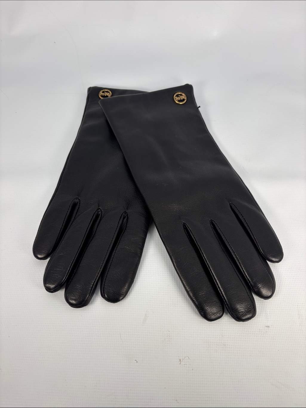 Coach Black Leather Gloves With Gold Logo Buttons